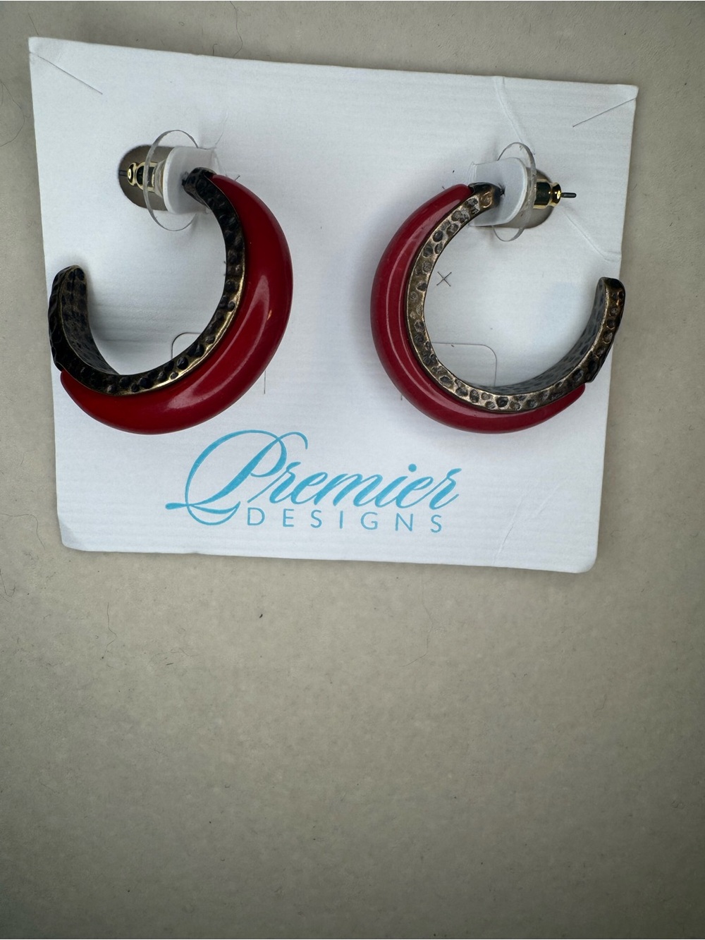 New Premier Designs Red and Antique Gold Crescent Hoop Earrings